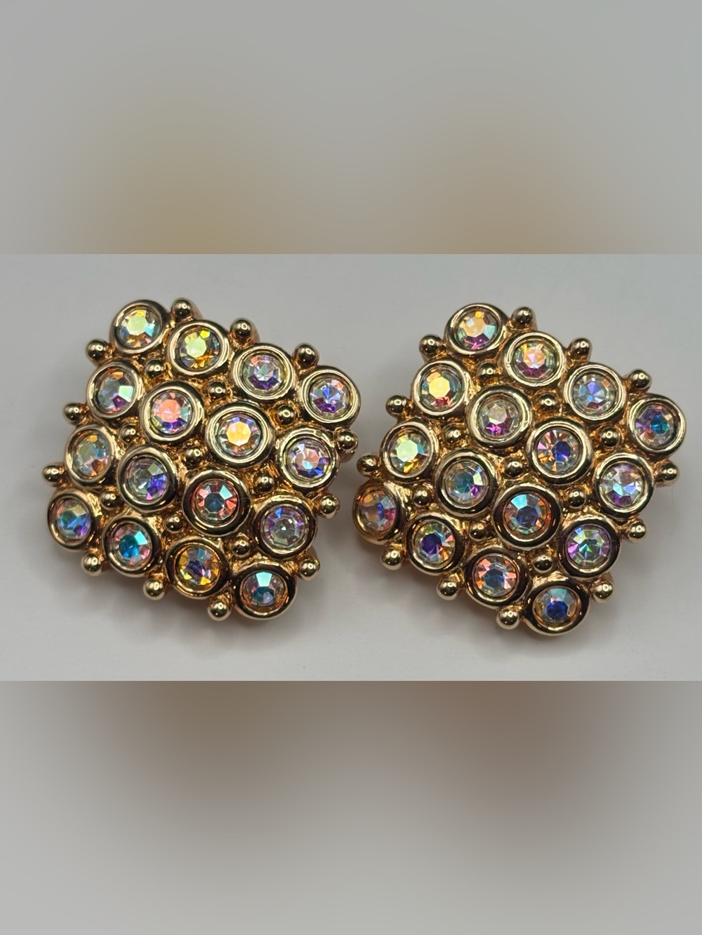 Swarovski Swan Signed Vintage AB Rhinestone Gold Tone Cluster Clip On Earrings